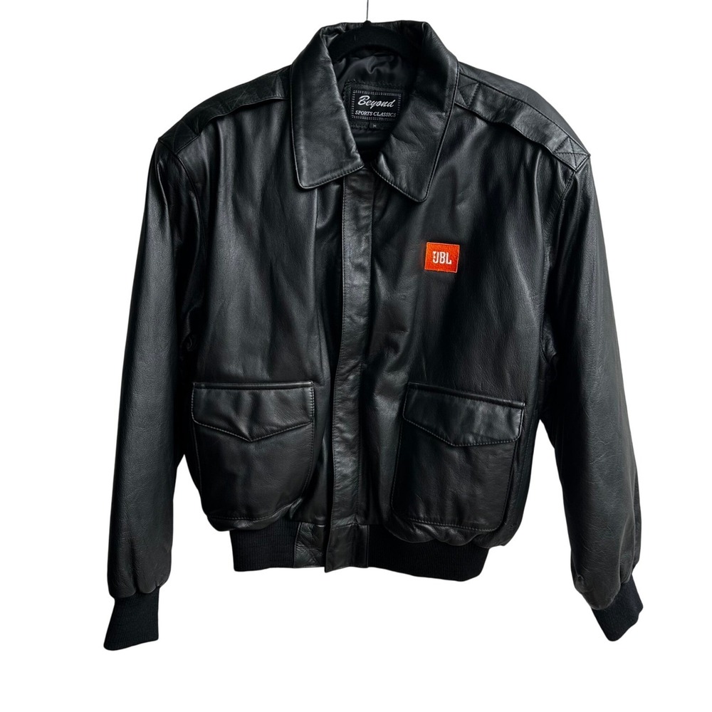Beyond Sports Classics Mens Black Leather Bomber Jacket JBL Logo Size Medium